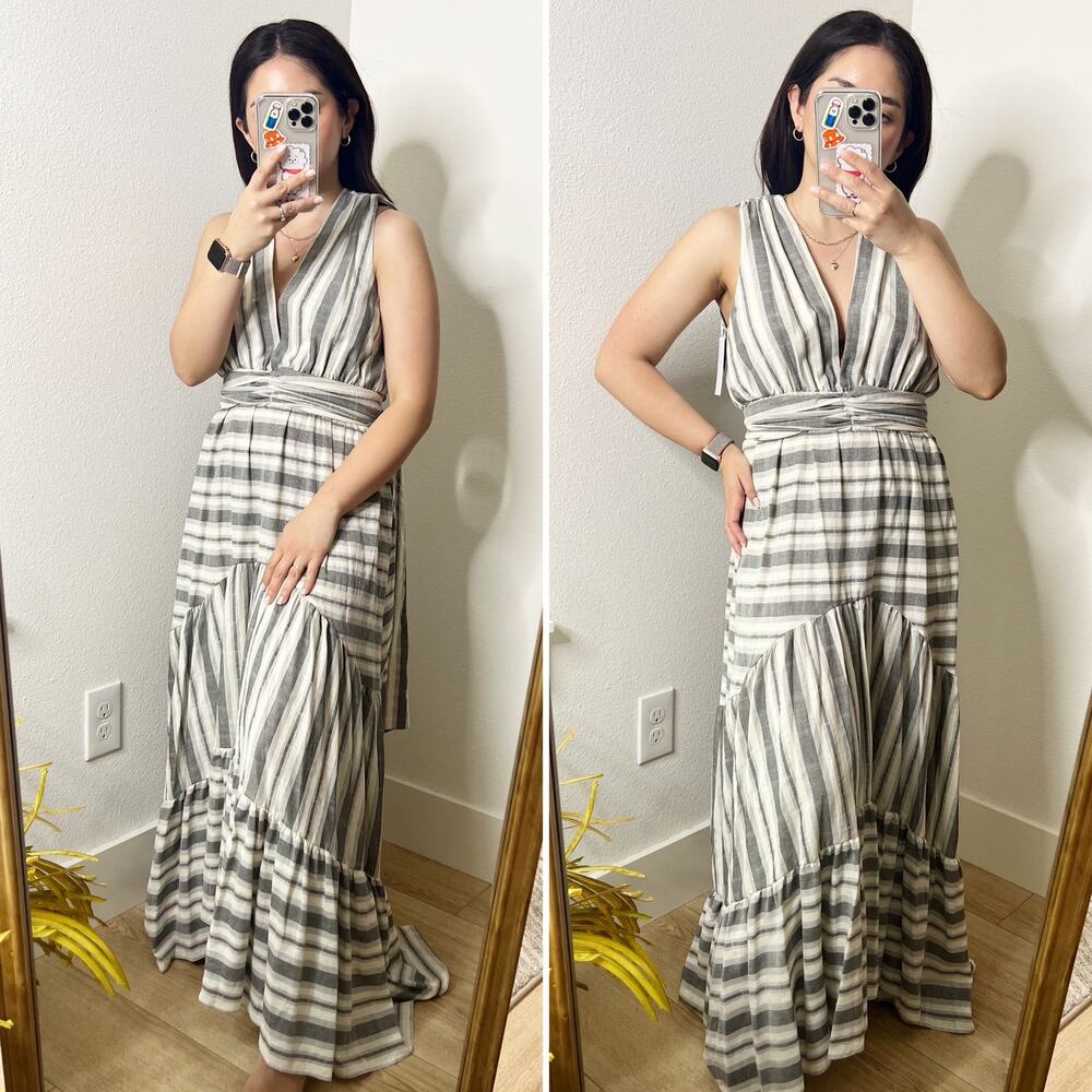 NWT Misa Los Angeles Domenika V Neck Striped Maxi Dress Gray White Medium